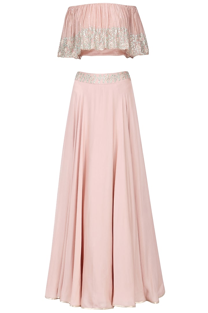 Blush Pink Embroidered Off Shoulder Croptop with Skirt Set by Seema Thukral