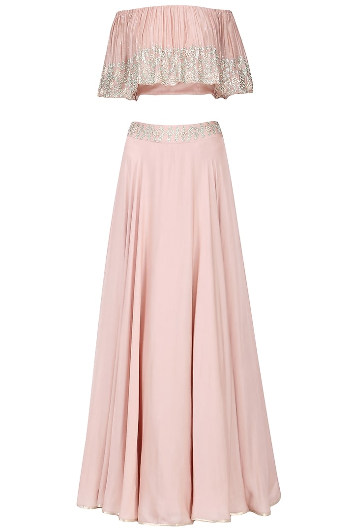 Blush pink embroidered off Shoulder croptop with skirt set available only at Pernia's Pop Up Shop.