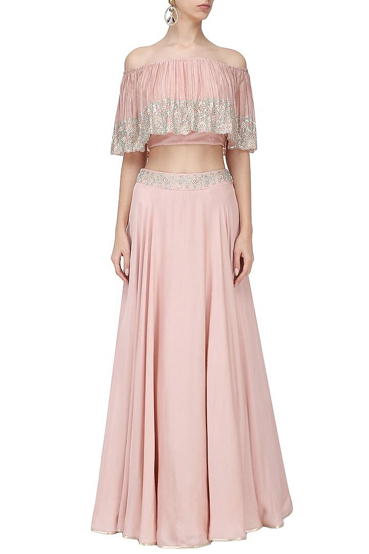 Blush pink embroidered off Shoulder croptop with skirt set available only at Pernia's Pop Up Shop.