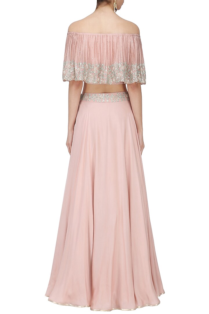 Blush pink embroidered off Shoulder croptop with skirt set available only at Pernia's Pop Up Shop.