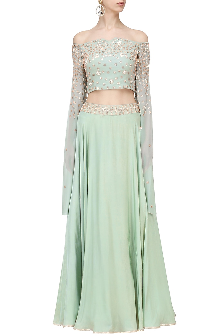Dusky green embroidered crop top and skirt set available only at Pernia's Pop Up Shop.