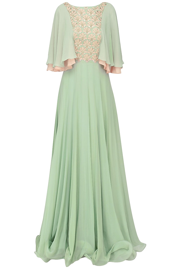 Dusky Green Embroidered Layered Sleeves Pleated Gown by Seema Thukral
