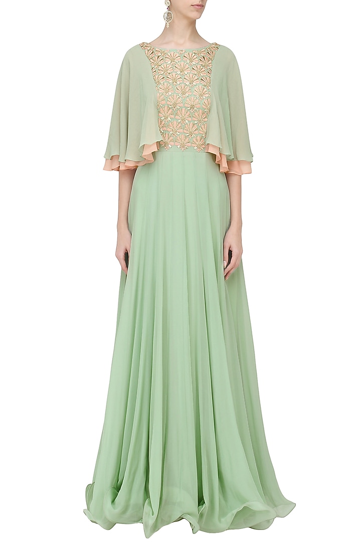 Dusky green embroidered layered sleeves pleated gown available only at Pernia's Pop Up Shop.