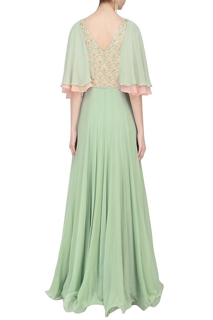 Dusky green embroidered layered sleeves pleated gown available only at Pernia's Pop Up Shop.