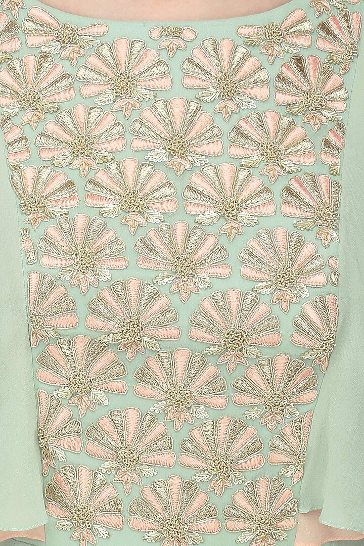 Dusky green embroidered layered sleeves pleated gown available only at Pernia's Pop Up Shop.