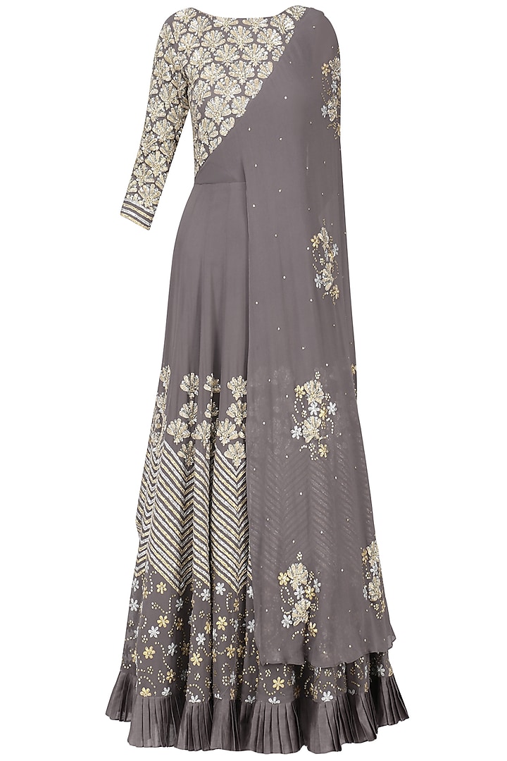 Grey Floral Embroidered Attached Dupatta Anarkali by Seema Thukral