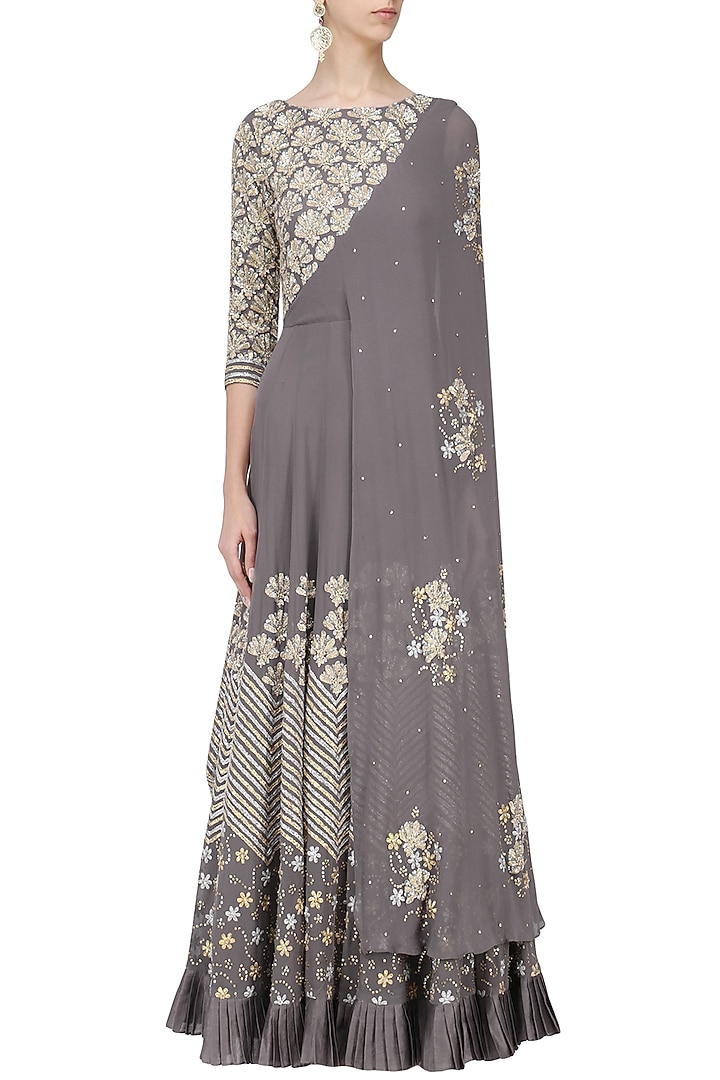 Grey floral embroidered attached dupatta anarkali available only at Pernia's Pop Up Shop.