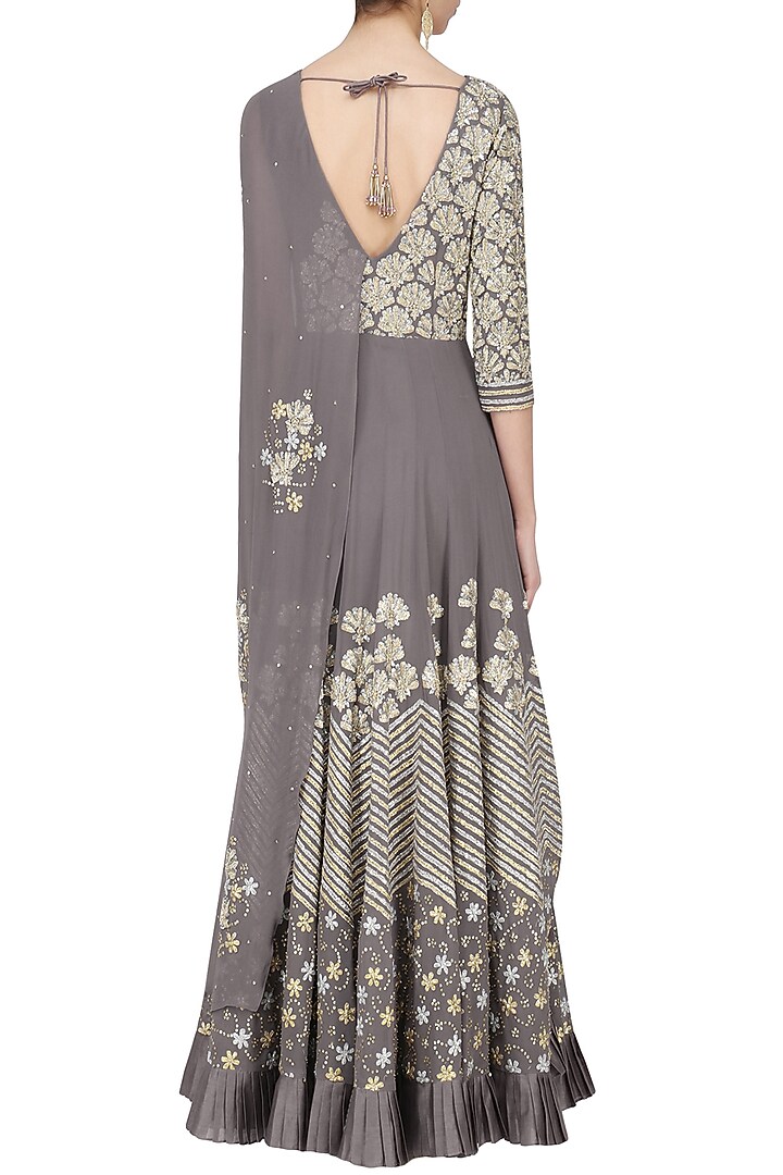 Grey floral embroidered attached dupatta anarkali available only at Pernia's Pop Up Shop.
