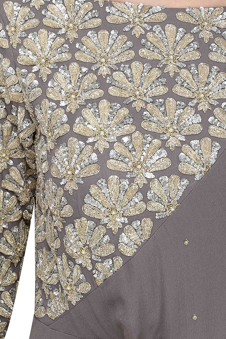 Grey floral embroidered attached dupatta anarkali available only at Pernia's Pop Up Shop.