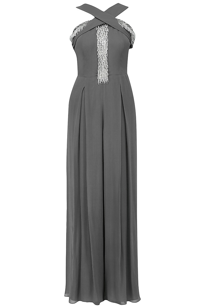 Grey Embroidered Pleated Criss-Cross Jumpsuit by Seema Thukral