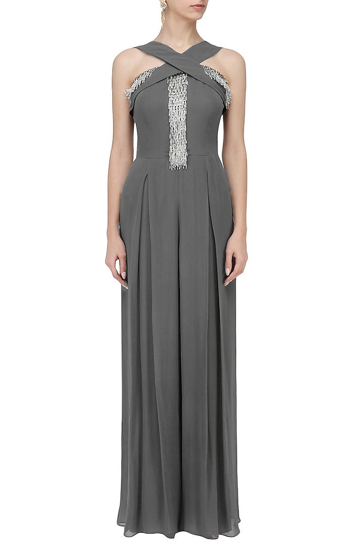 Grey embroidered pleated criss-cross jumpsuit available only at Pernia's Pop Up Shop.