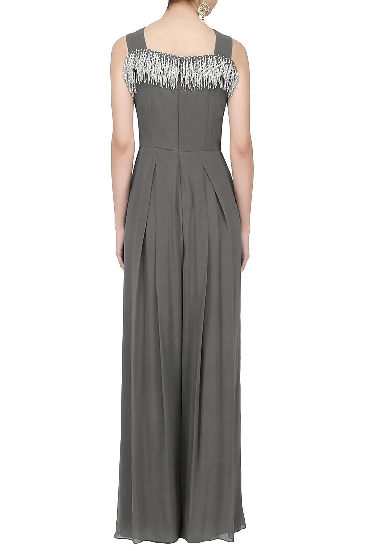 Grey embroidered pleated criss-cross jumpsuit available only at Pernia's Pop Up Shop.