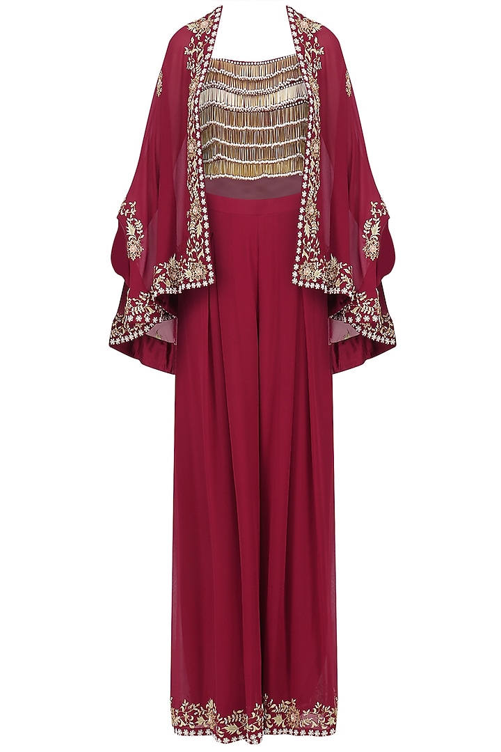 Red Tasseled Crop Top with Cape Jacket and Pants Set by Seema Thukral