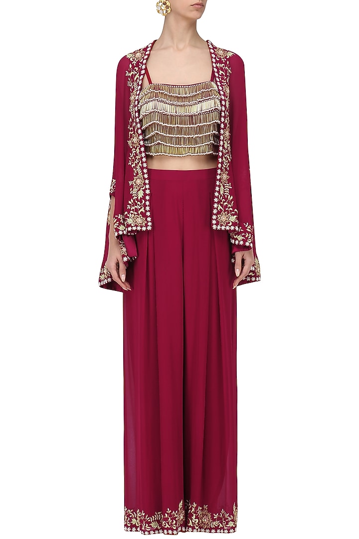 Red tasseled crop top with cape jacket and pants set available only at Pernia's Pop Up Shop.