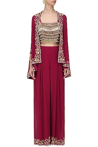 Red Tasseled Crop Top with Cape Jacket and Pants Set by Seema Thukral