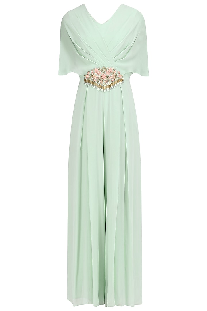 Mint Blue Embroidered Draped Jumpsuit by Seema Thukral