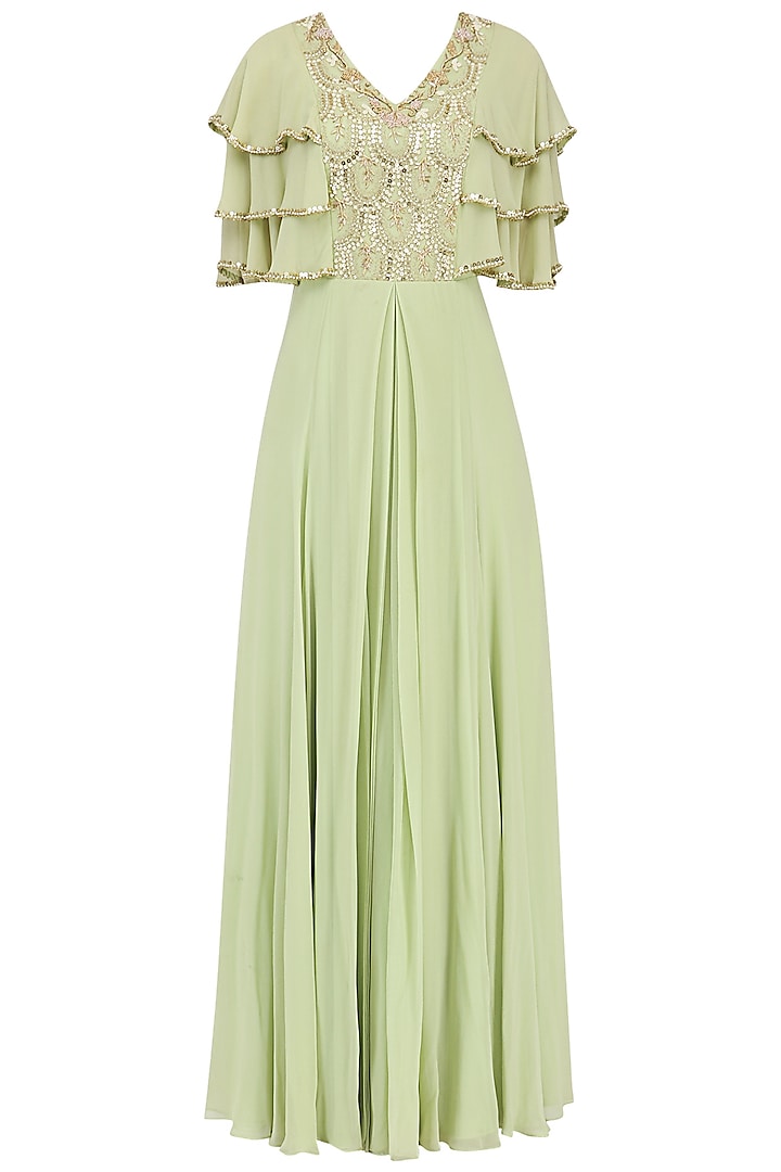 Mint embroidered layered pleat gown available only at Pernia's Pop Up Shop. 2022