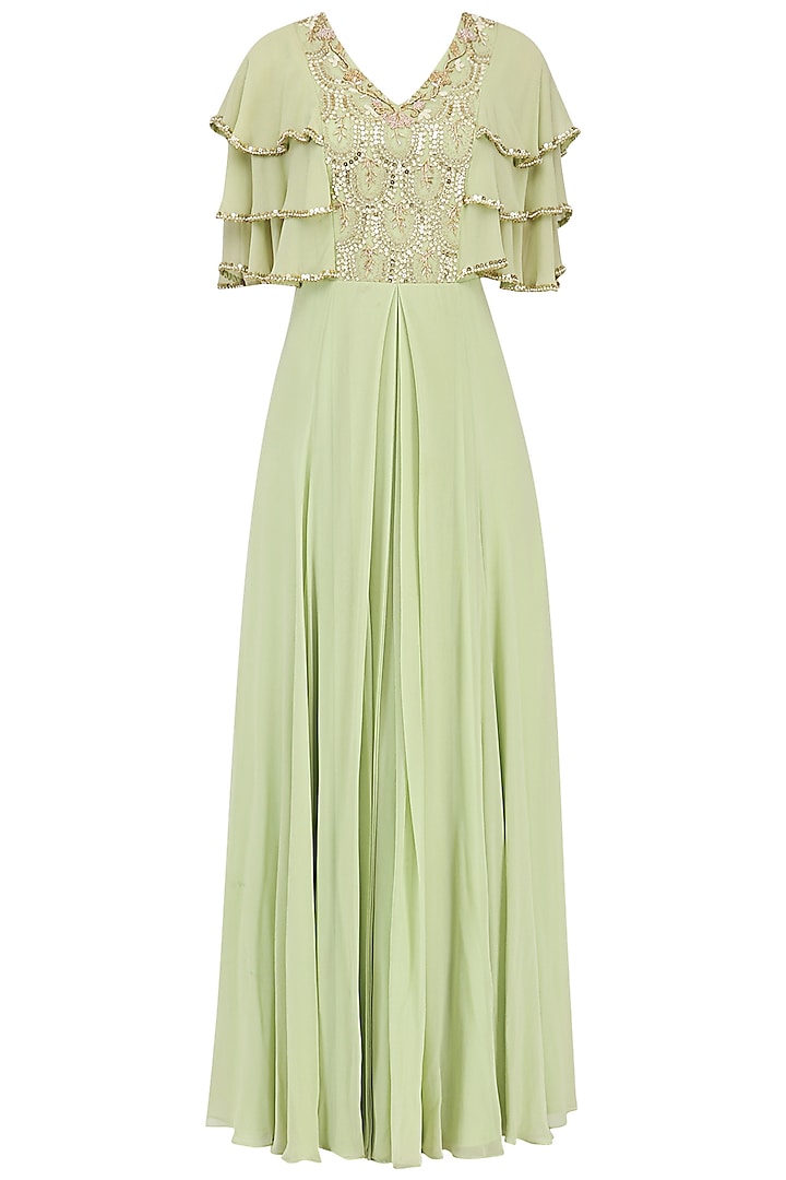 Mint Embroidered Layered Pleat Gown by Seema Thukral