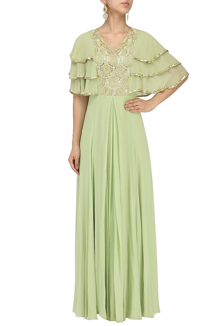Mint embroidered layered pleat gown available only at Pernia's Pop Up Shop.