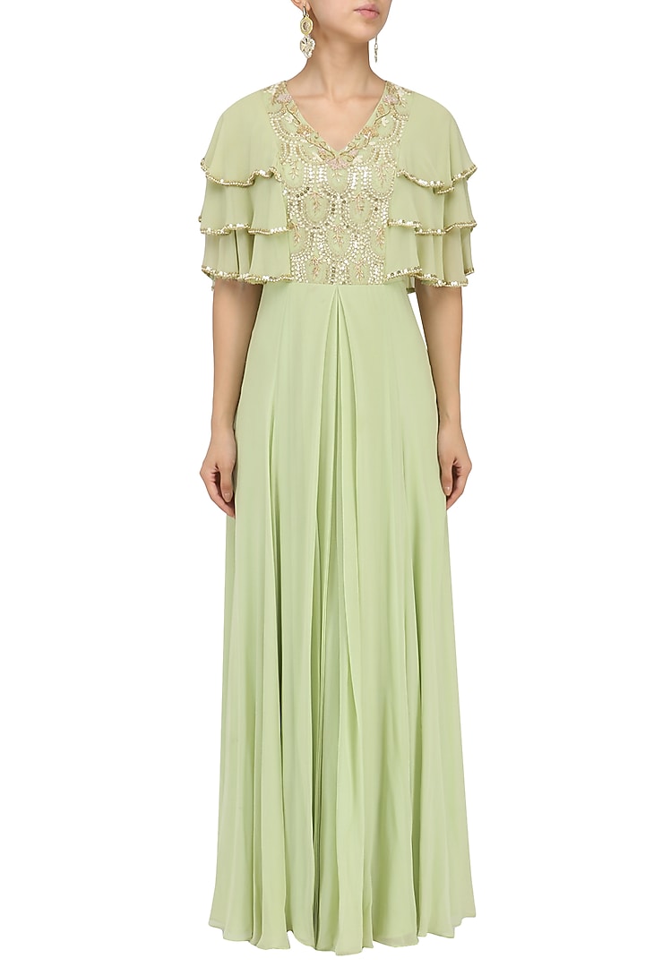 Mint embroidered layered pleat gown available only at Pernia's Pop Up Shop.