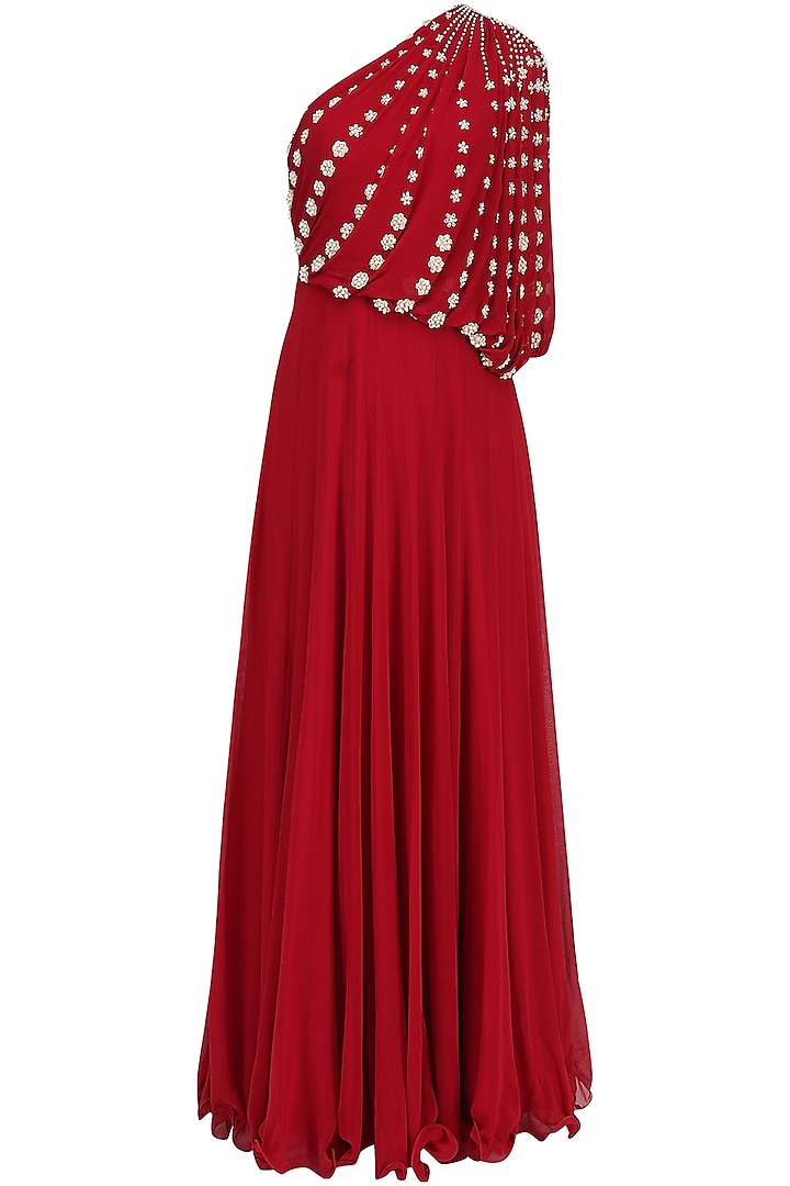 Red Embroidered One Shoulder Draped Gown by Seema Thukral