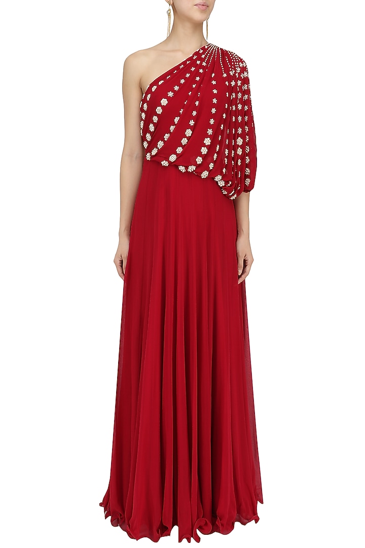 Red embroidered one shoulder draped gown available only at Pernia's Pop Up Shop.