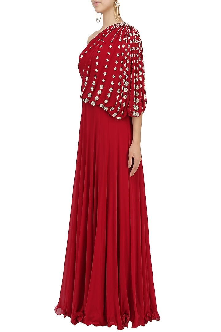 Red embroidered one shoulder draped gown available only at Pernia's Pop Up Shop.