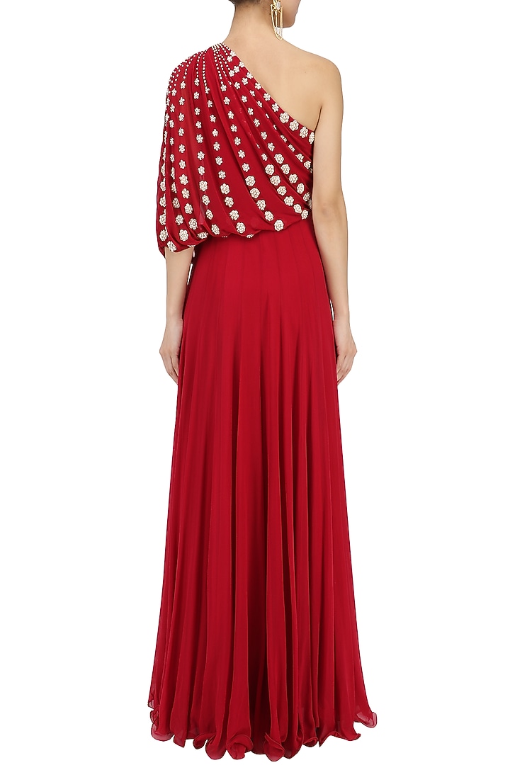 Red embroidered one shoulder draped gown available only at Pernia's Pop Up Shop.