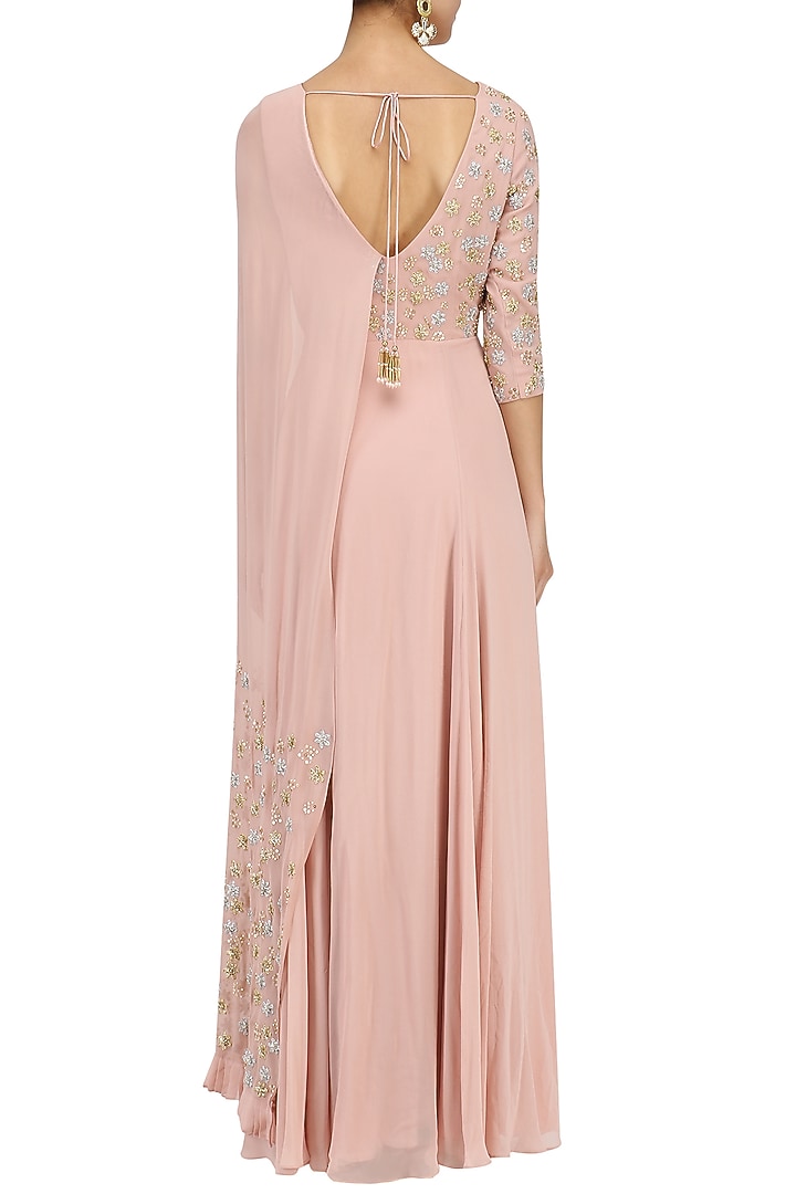 Blush pink floral embroidered attached dupatta anarkali available only at Pernia's Pop Up Shop.