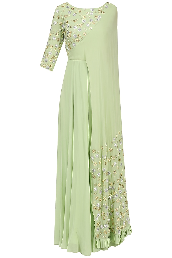 Mint Floral Embroidered Attached Dupatta Anarkali by Seema Thukral