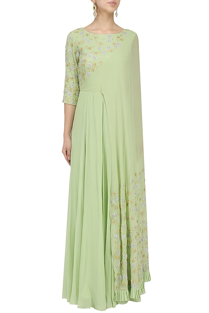 Mint floral embroidered attached dupatta anarkali available only at Pernia's Pop Up Shop.