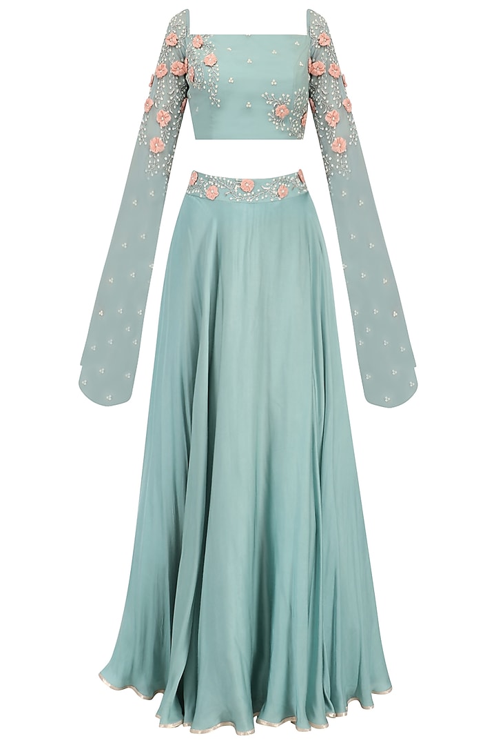 Ocean Green Embroidered Off Shoulder Croptop with Circular Skirt by Seema Thukral