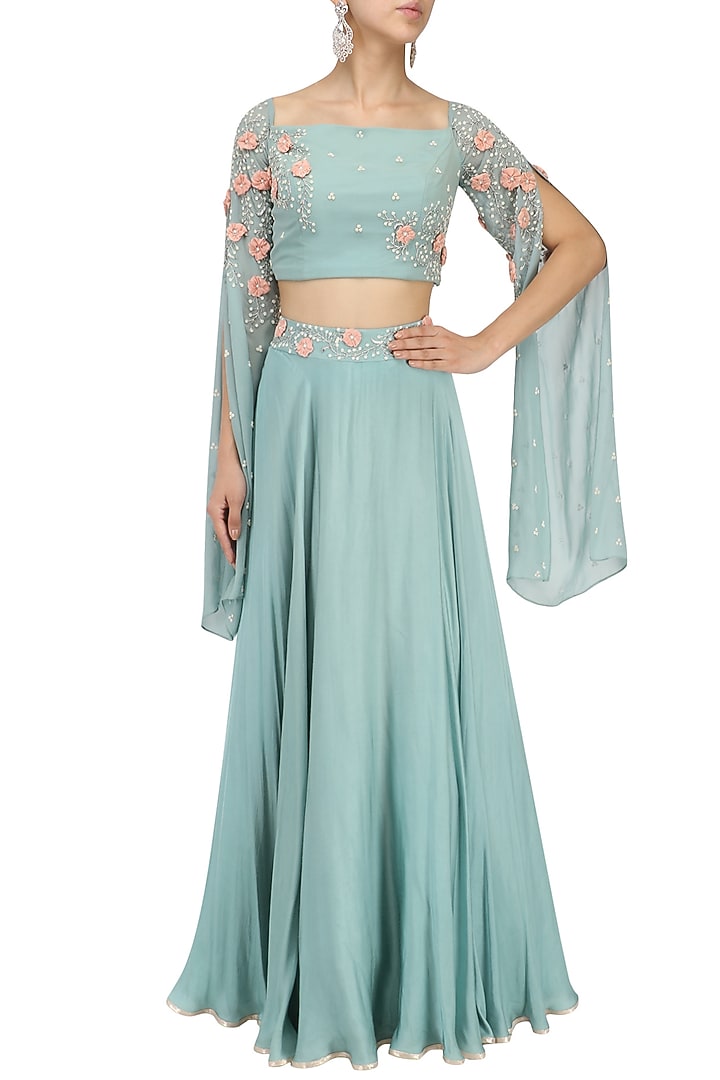 Ocean green embroidered off shoulder croptop with circular skirt available only at Pernia's Pop Up Shop.