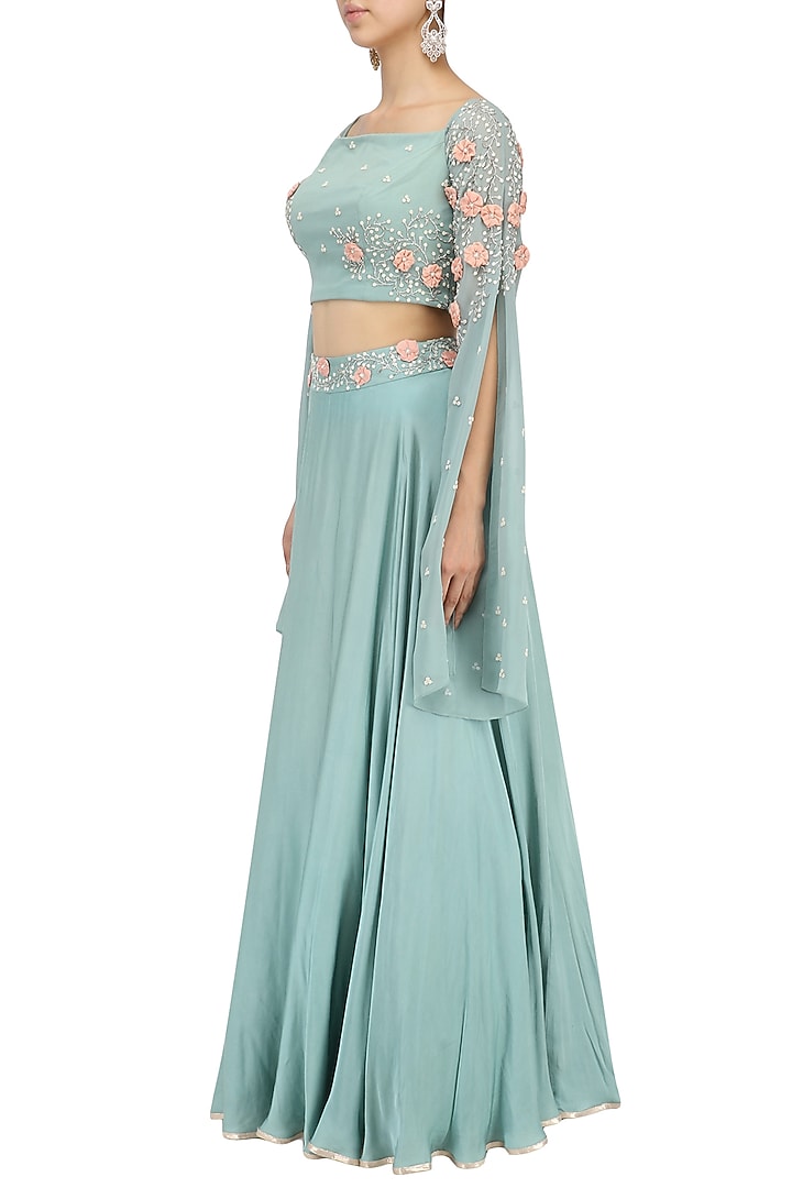 Ocean green embroidered off shoulder croptop with circular skirt available only at Pernia's Pop Up Shop.