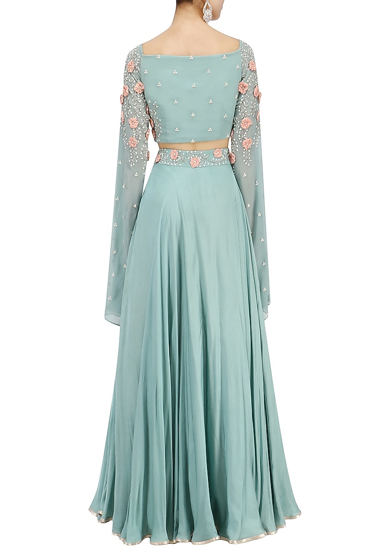 Ocean green embroidered off shoulder croptop with circular skirt available only at Pernia's Pop Up Shop.