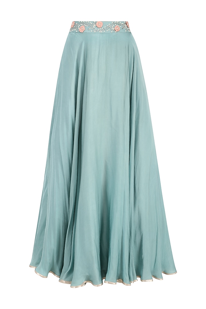 Ocean green embroidered off shoulder croptop with circular skirt available only at Pernia's Pop Up Shop.