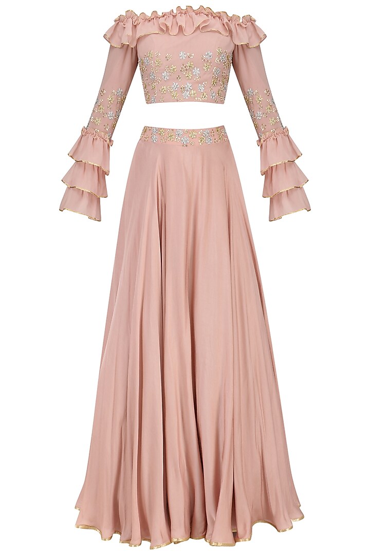 Blush Pink Off Shoulder Ruffled Croptop with Embroidered Circular Skirt by Seema Thukral