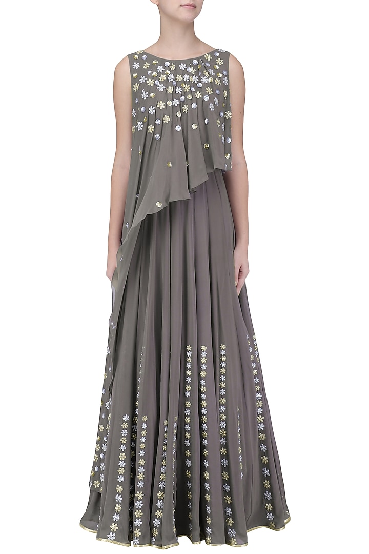 Grey embroidered attached dupatta anarkali available only at Pernia's Pop Up Shop.