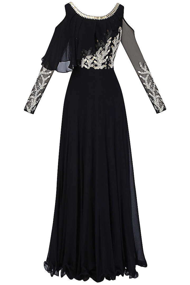 Black Embroidered Cold Shoulder Gown with Attached Ruffle by Seema Thukral
