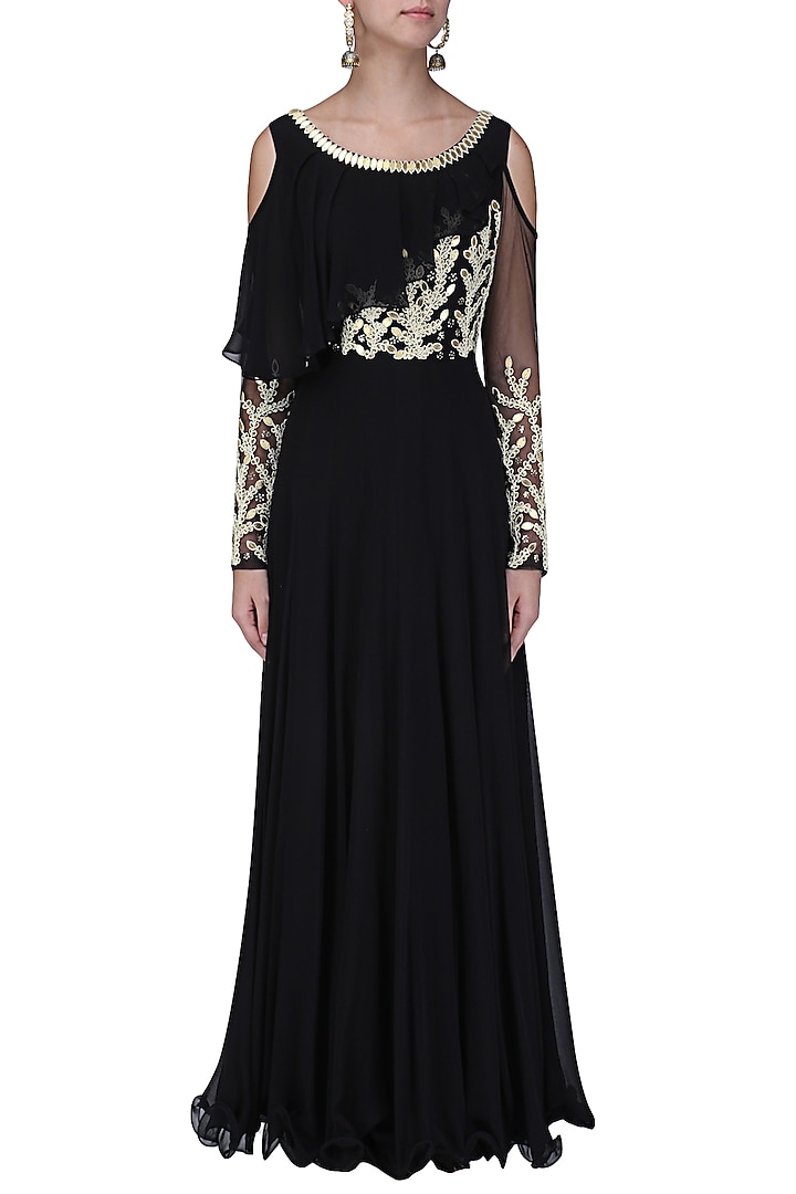 Black embroidered cold shoulder gown with attached ruffle available only at Pernia's Pop Up Shop.