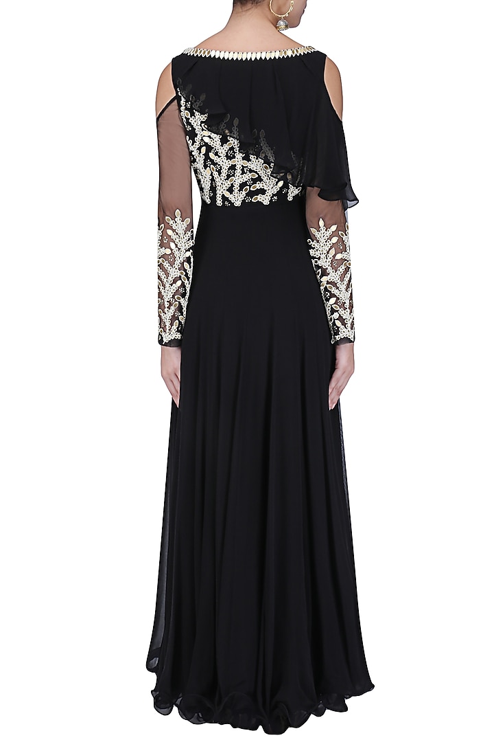 Black embroidered cold shoulder gown with attached ruffle available only at Pernia's Pop Up Shop.