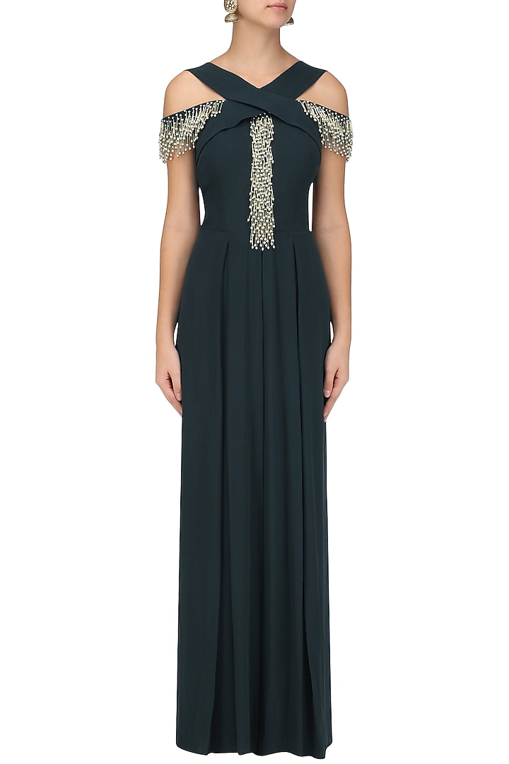 Teal embroidered pleated criss-cross Jumpsuit available only at Pernia's Pop Up Shop.
