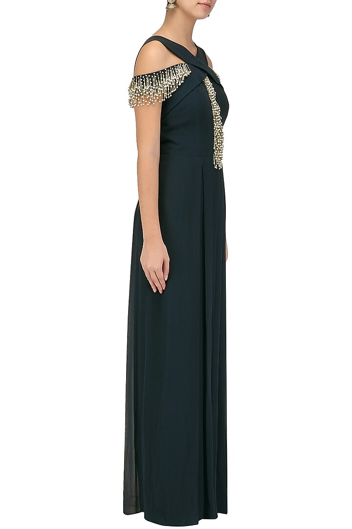 Teal embroidered pleated criss-cross Jumpsuit available only at Pernia's Pop Up Shop.