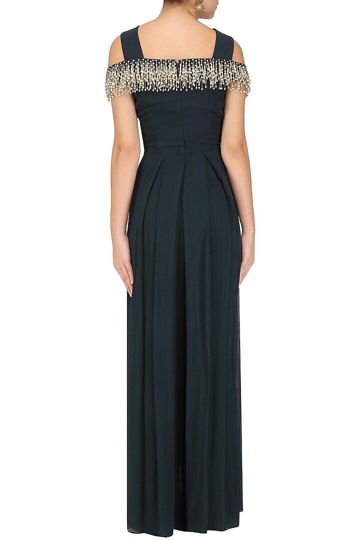 Teal embroidered pleated criss-cross Jumpsuit available only at Pernia's Pop Up Shop.
