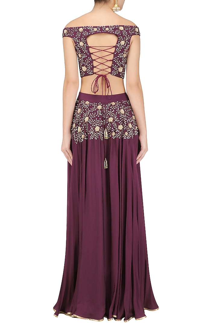 Wine embroidered off shoulder lehenga set available only at Pernia's Pop Up Shop.