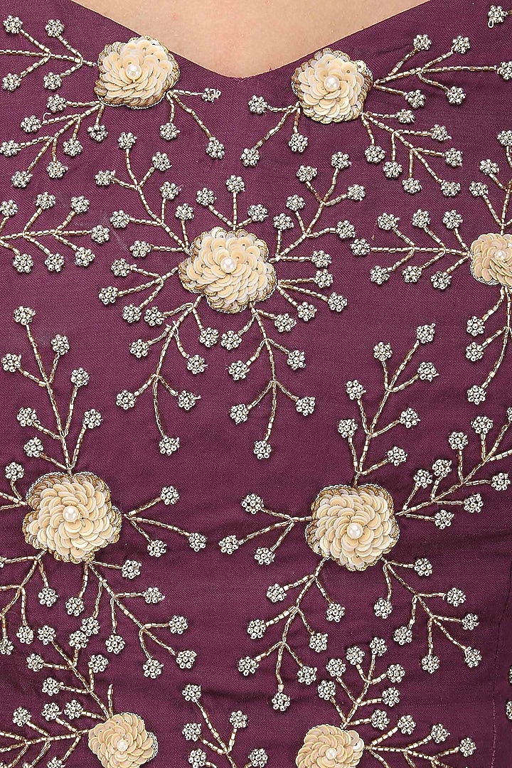 Wine embroidered off shoulder lehenga set available only at Pernia's Pop Up Shop.