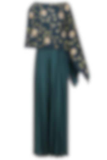 Teal Embellished Assymetric Cape with High Waisted Pleated Pants by Seema Thukral