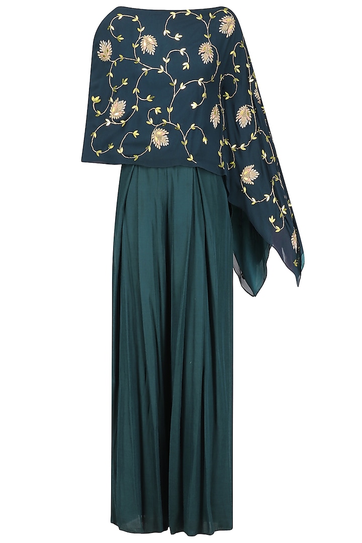Teal Embellished Assymetric Cape with High Waisted Pleated Pants by Seema Thukral