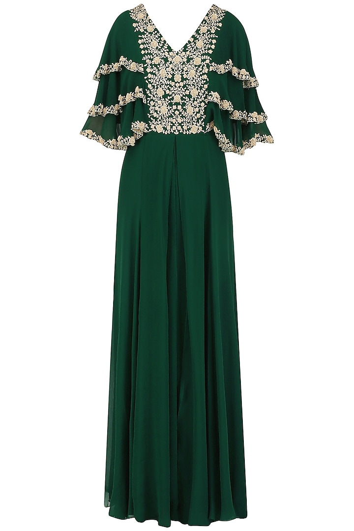 Bottle Green Embroidered Layered Sleeves Pleated Gown by Seema Thukral
