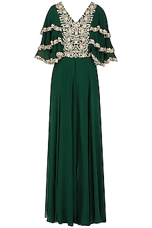 Bottle green embroidered layered sleeves pleated gown available only at ...